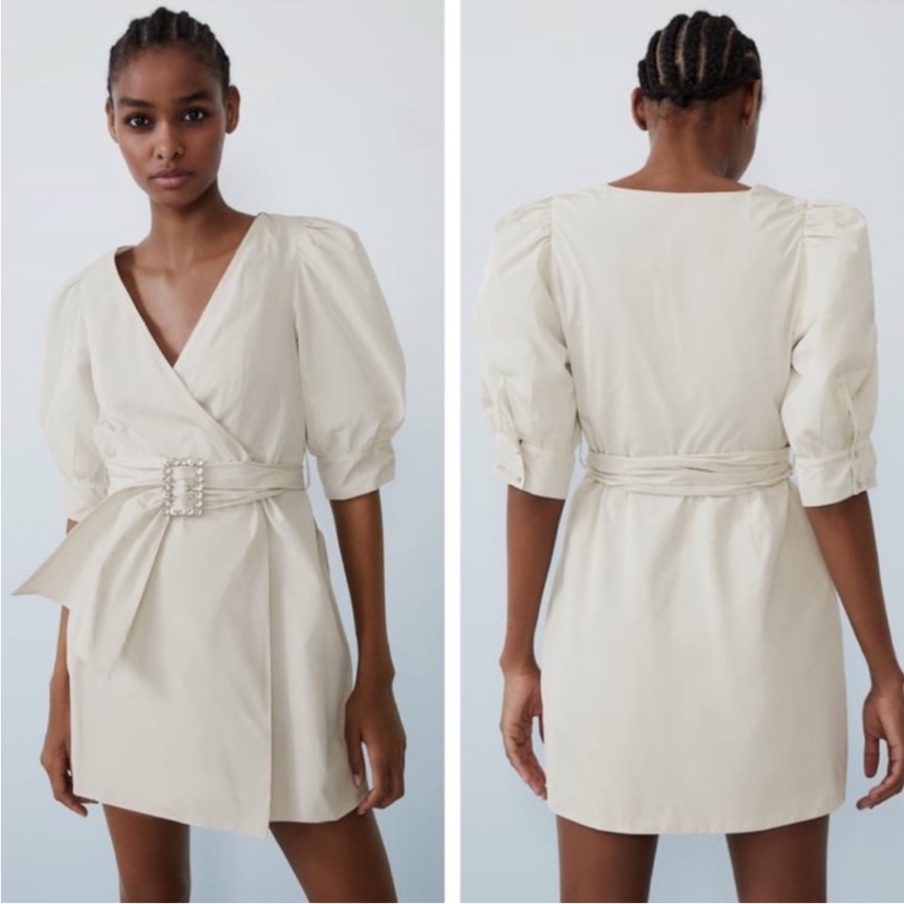 Zara Wrap Mini Dress With Rhinestone Sparkly Belt Size XL Cream EUC